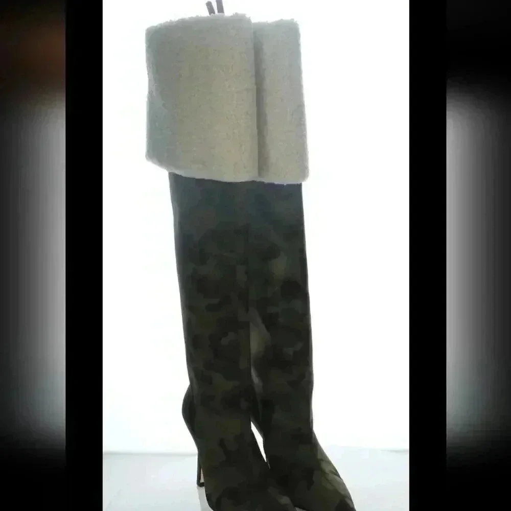 Good American Tall Boots Scuba Material Shearling Heeled Kick Stand Camo Green 7